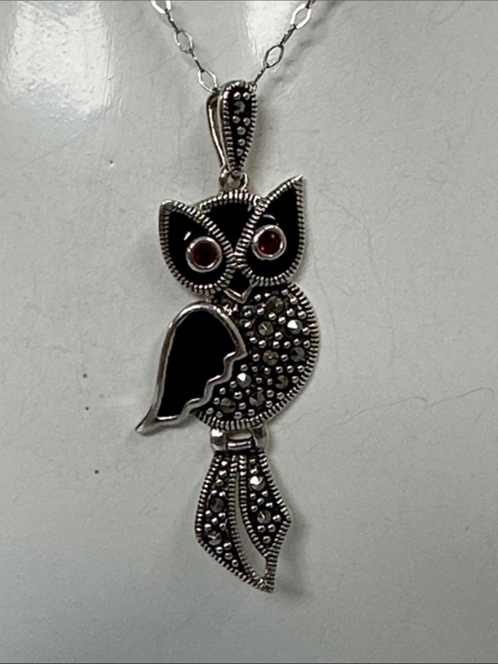925 Sterling Silver Owl Pendant Necklace with Black Body and Red Eyes